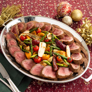 Roastbeef Filet Mignon com Caçarola de Legumes (Palmito- Abóbora e Batata Doce) e acompanha Molho Roti