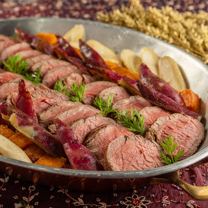 Roastbeef Filet Mignon com Caçarola de Legumes (Palmito- Abóbora e Batata Doce) e acompanha Molho Roti