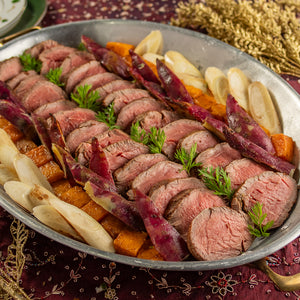 Roastbeef Filet Mignon com Caçarola de Legumes (Palmito- Abóbora e Batata Doce) e acompanha Molho Roti