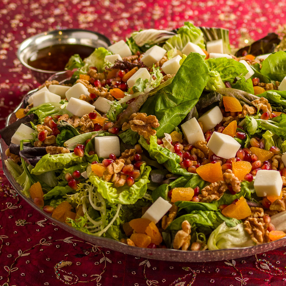 Salada de Damasco com Queijo de Cabra e Vinagrete de Romã