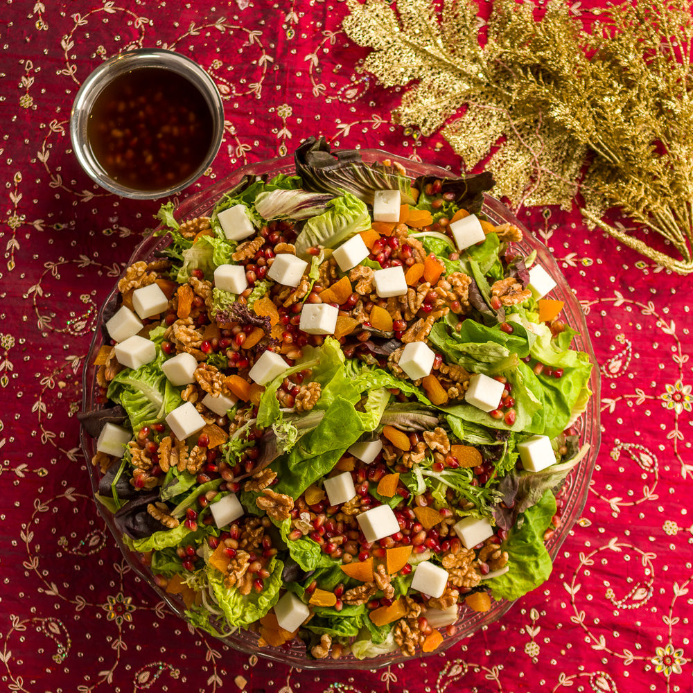 Salada de Damasco com Queijo de Cabra e Vinagrete de Romã