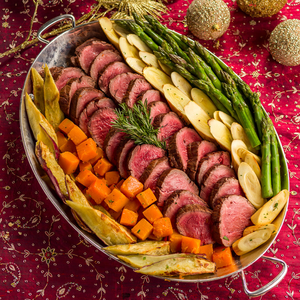 Roastbeef Filet Mignon com Caçarola de Legumes (Palmito- Abóbora e Batata Doce) e acompanha Molho Roti