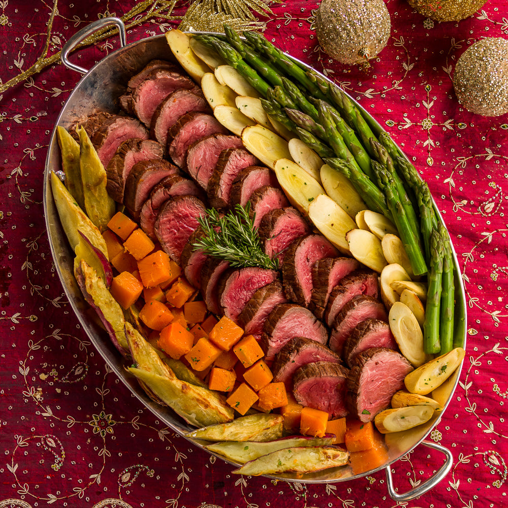 Roastbeef Filet Mignon com Caçarola de Legumes (Palmito- Abóbora e Batata Doce) e acompanha Molho Roti